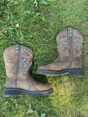 Ariat Brown Leather Western Boots with Light Blue Interior